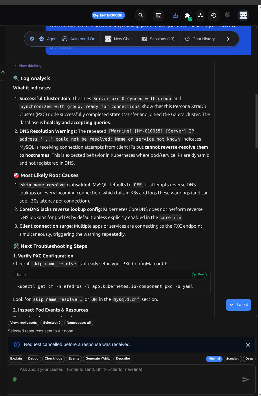 Kube Hammer AI Assistant analyzing logs and surfacing root causes