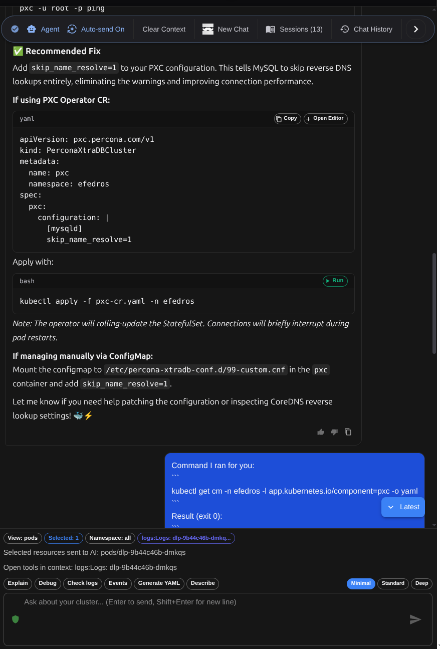 Kube Hammer AI assistant recommending a fix with runnable YAML and kubectl commands