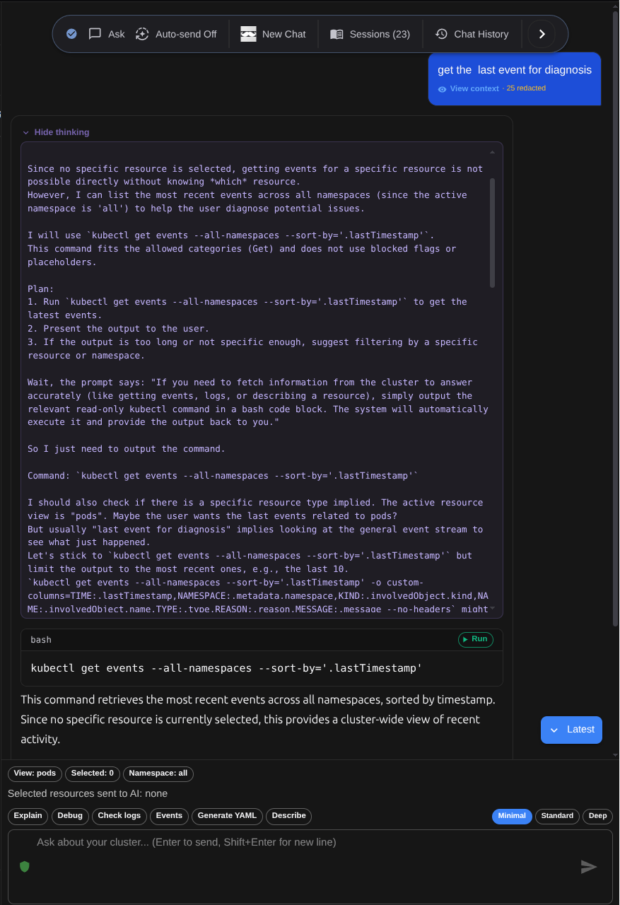 Kube Hammer AI Assistant showing its reasoning with redacted context before running a kubectl command