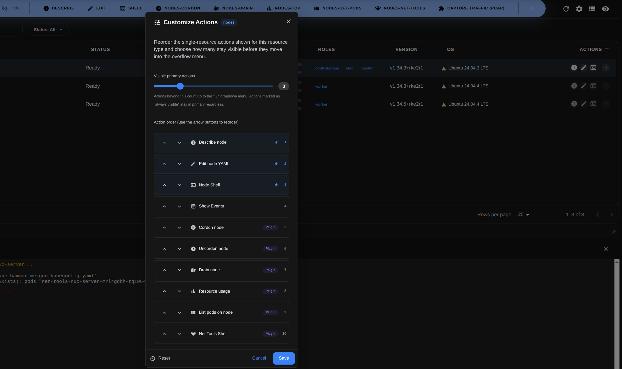Kube Hammer Customize Actions — reorder, pin and set visible primary row actions per resource type