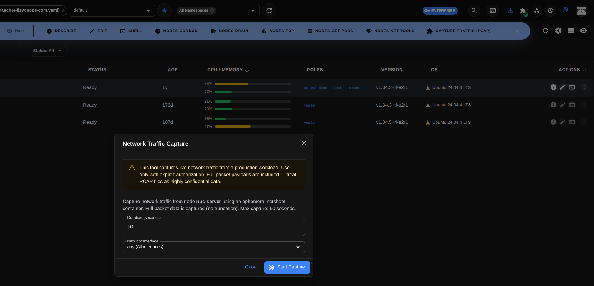 Kube Hammer node operations — cordon, drain, top and live PCAP traffic capture