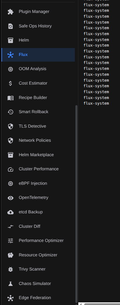 Kube Hammer plugin catalog in the sidebar — Flux, Helm, Trivy, TLS Detective and more