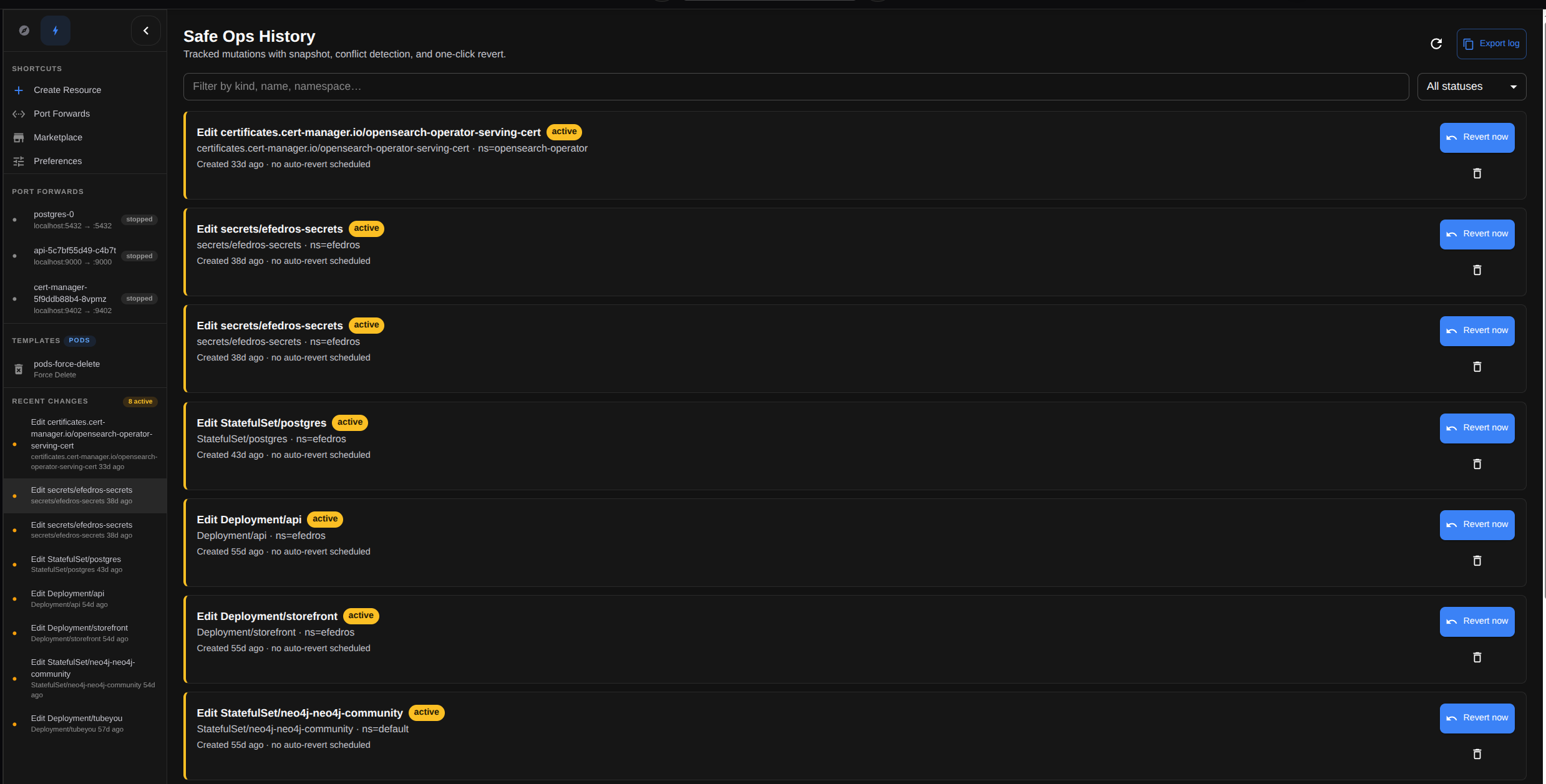 Kube Hammer Safe Ops History — tracked mutations with snapshot, conflict detection and one-click Revert now