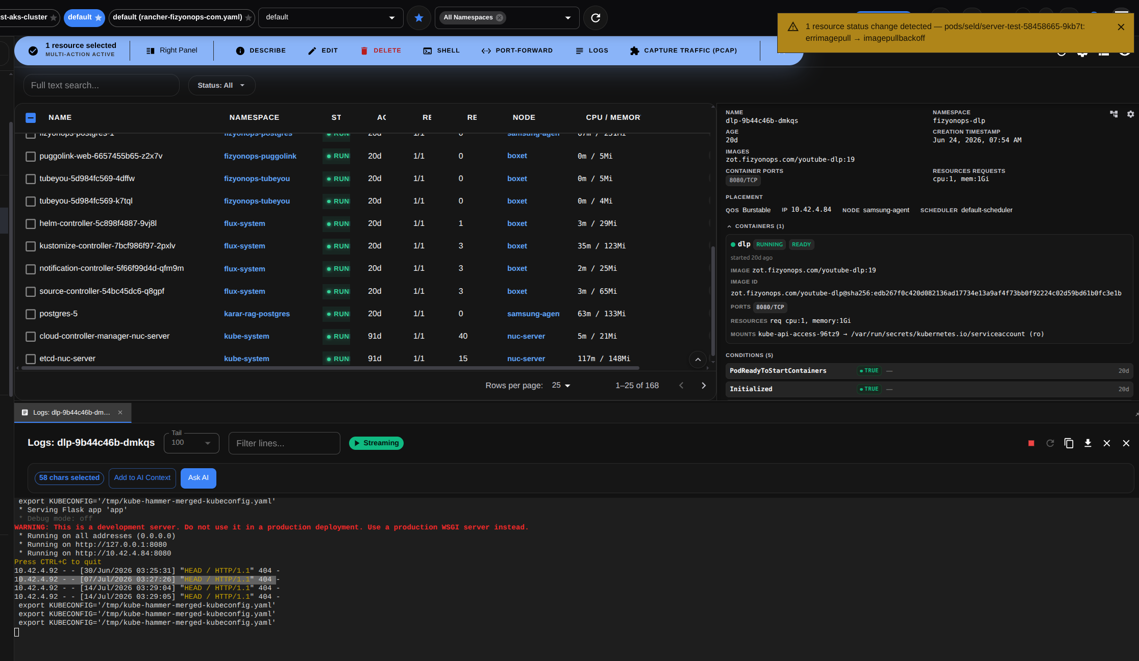 Kube Hammer resource list with detail panel and a live streaming log viewer with filter and Ask AI